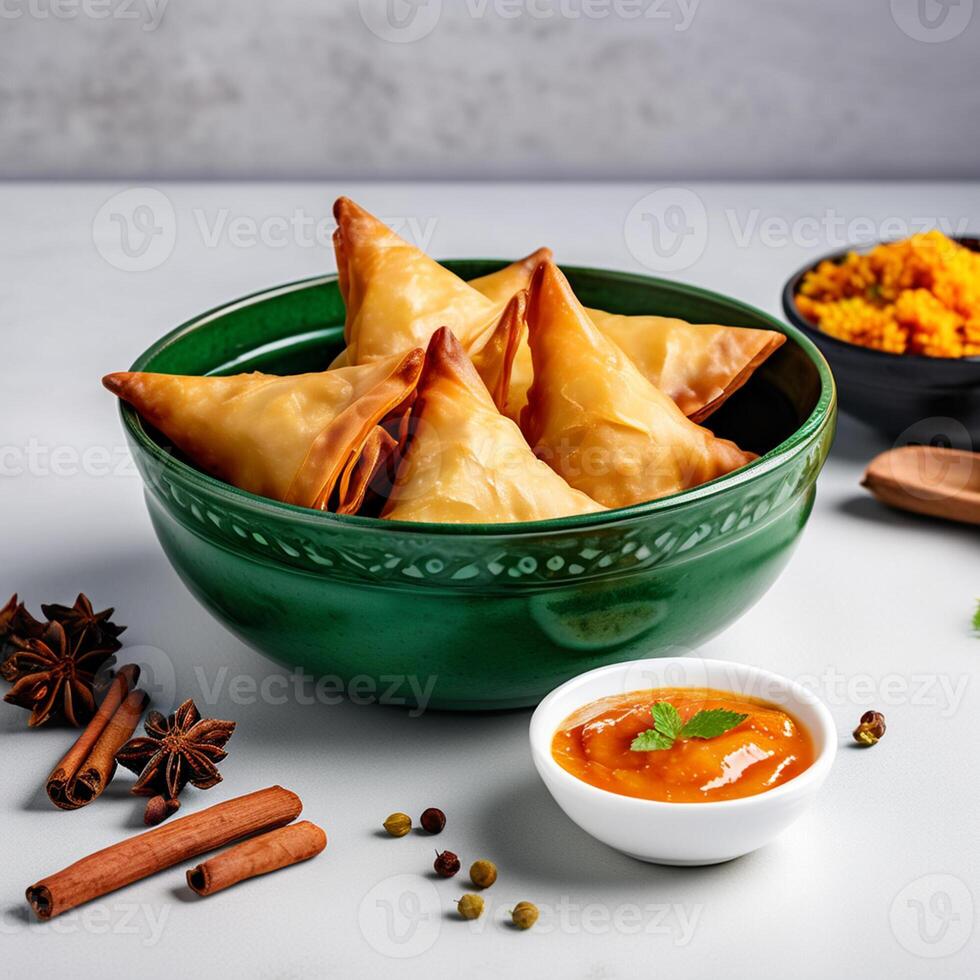 AI generated Delicious Indian Samosas with Chutney in a Bowl on White Background photo