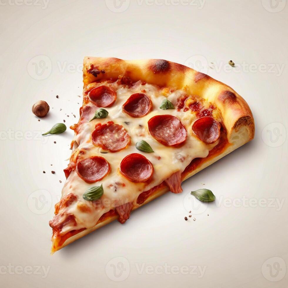 AI generated a slice of crispy pizza realistic with meat and cheese white background photo