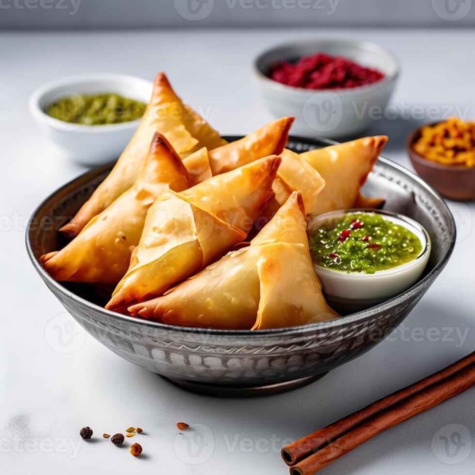 AI generated Delicious Indian Samosas with Chutney in a Bowl on White Background photo