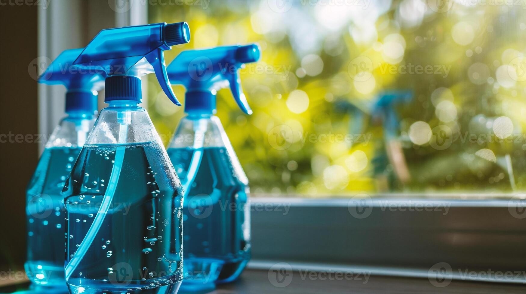 AI generated Cleaning products on the windowsill. Cleaning service concept. photo