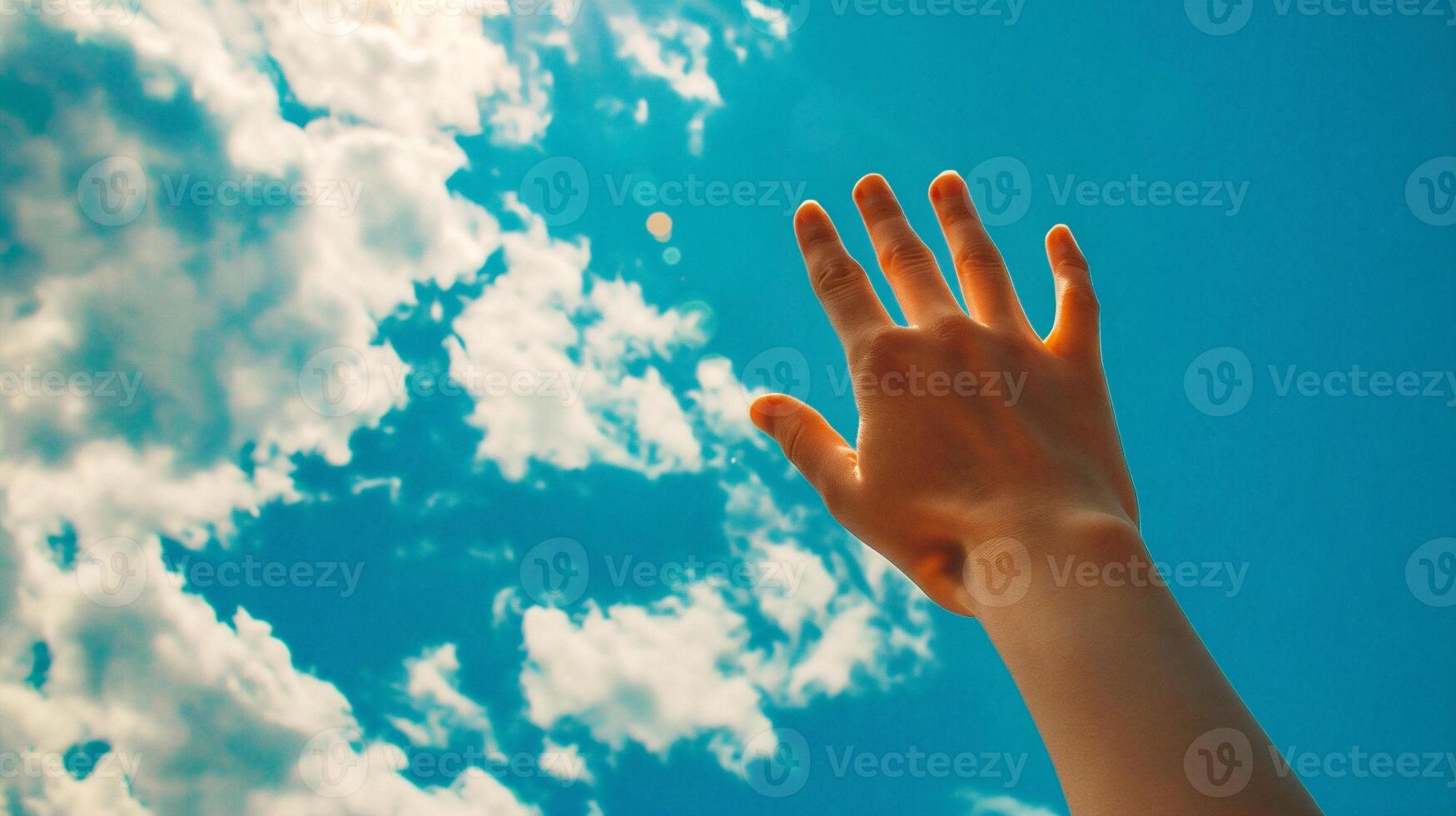 AI generated Man's hand reaching up on blue sky with white clouds background photo