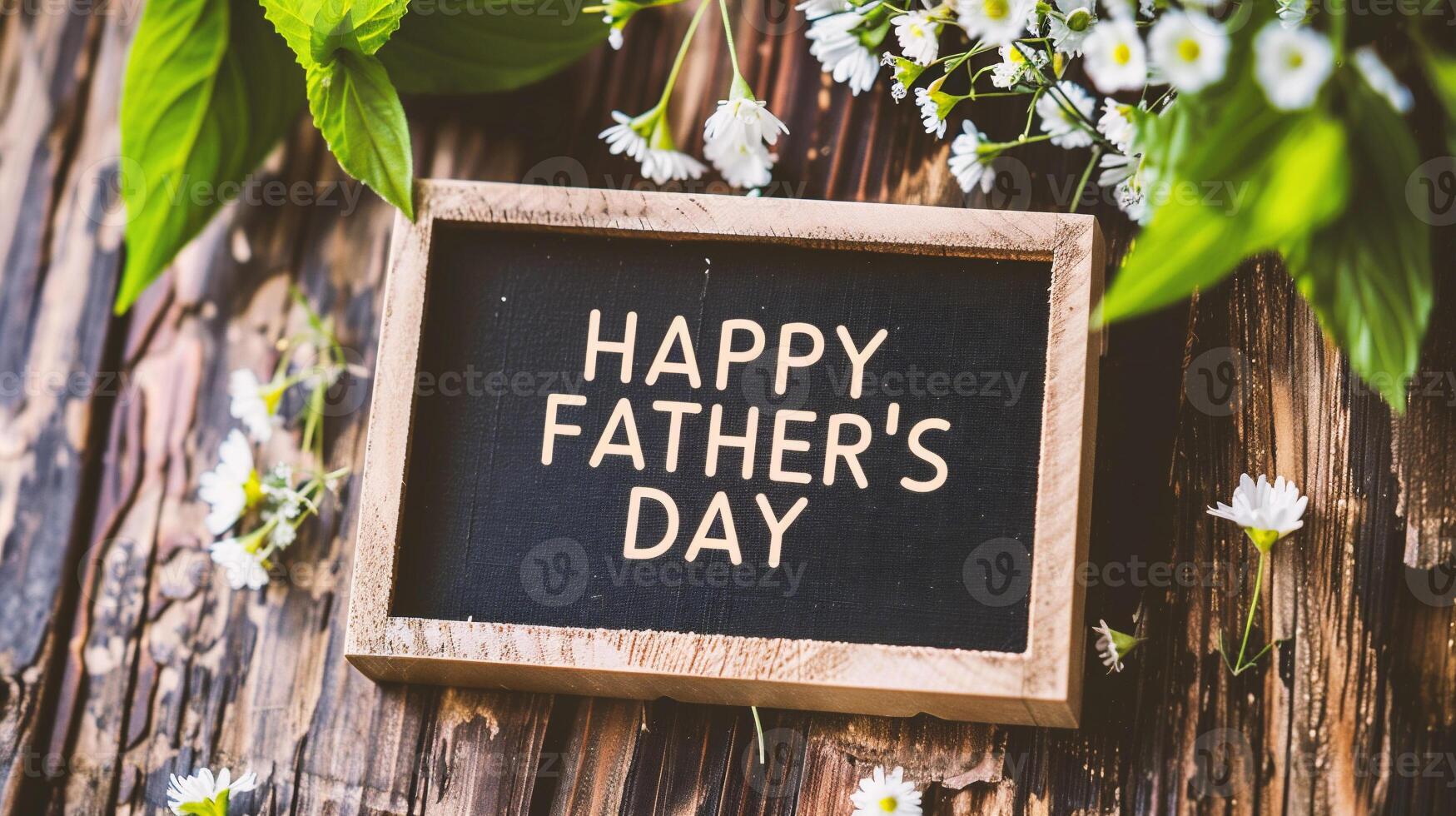 AI generated Happy Father's Day text on blackboard with white flowers on wooden background photo