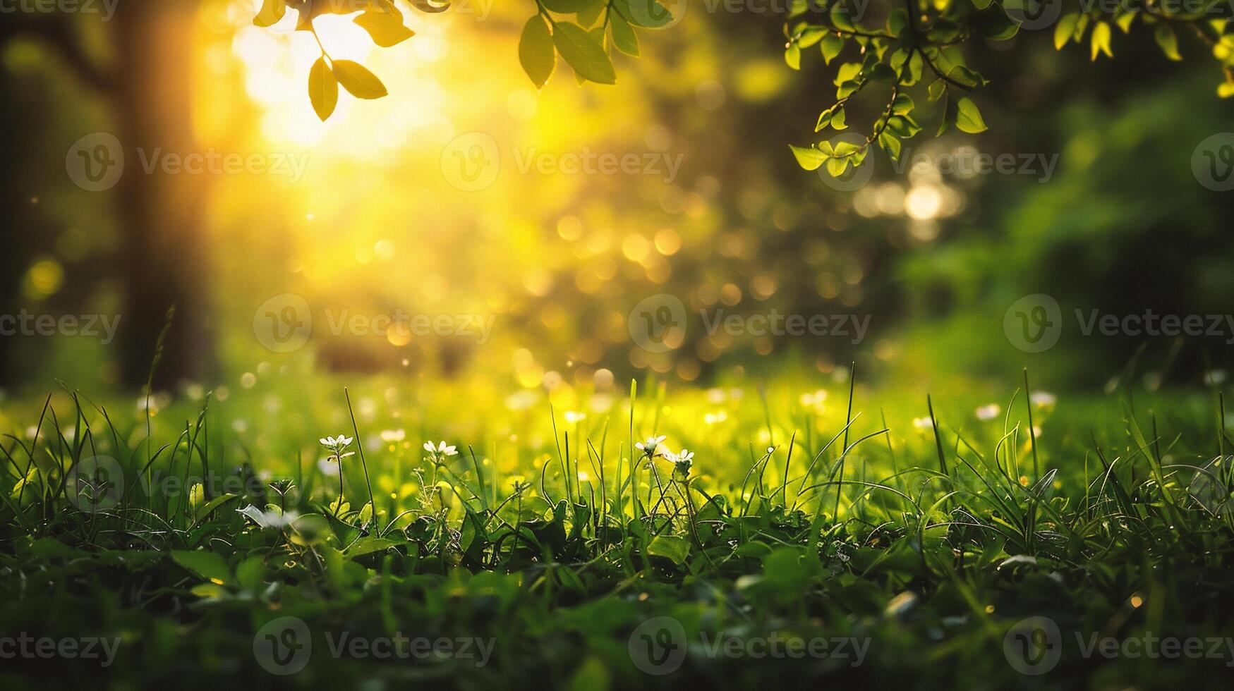 AI generated Close up of nature view green leaf on blurred greenery background under sunlight with bokeh and copy space photo