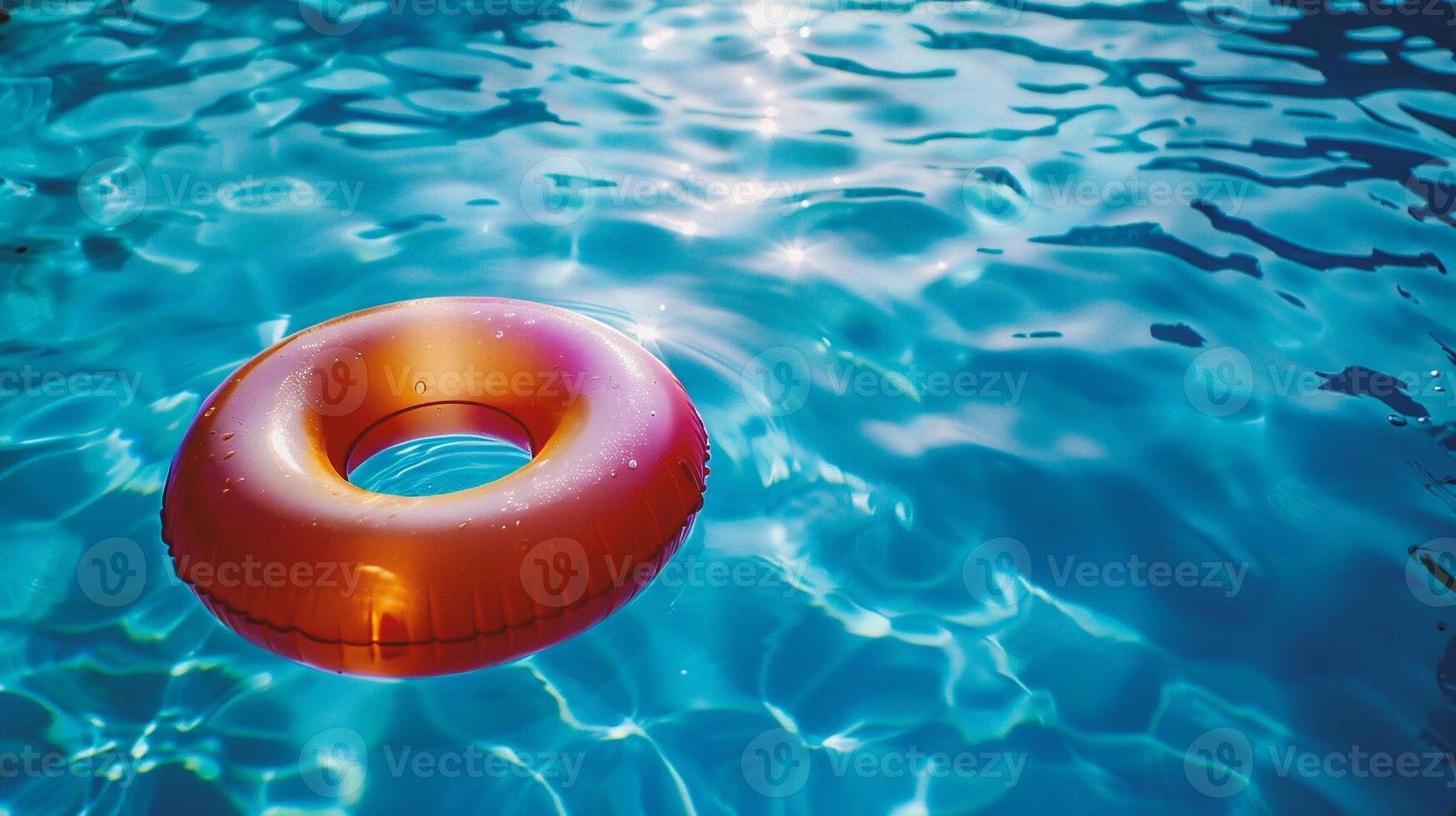 ai generado naranja inflable anillo flotante en un nadando piscina con azul agua antecedentes foto