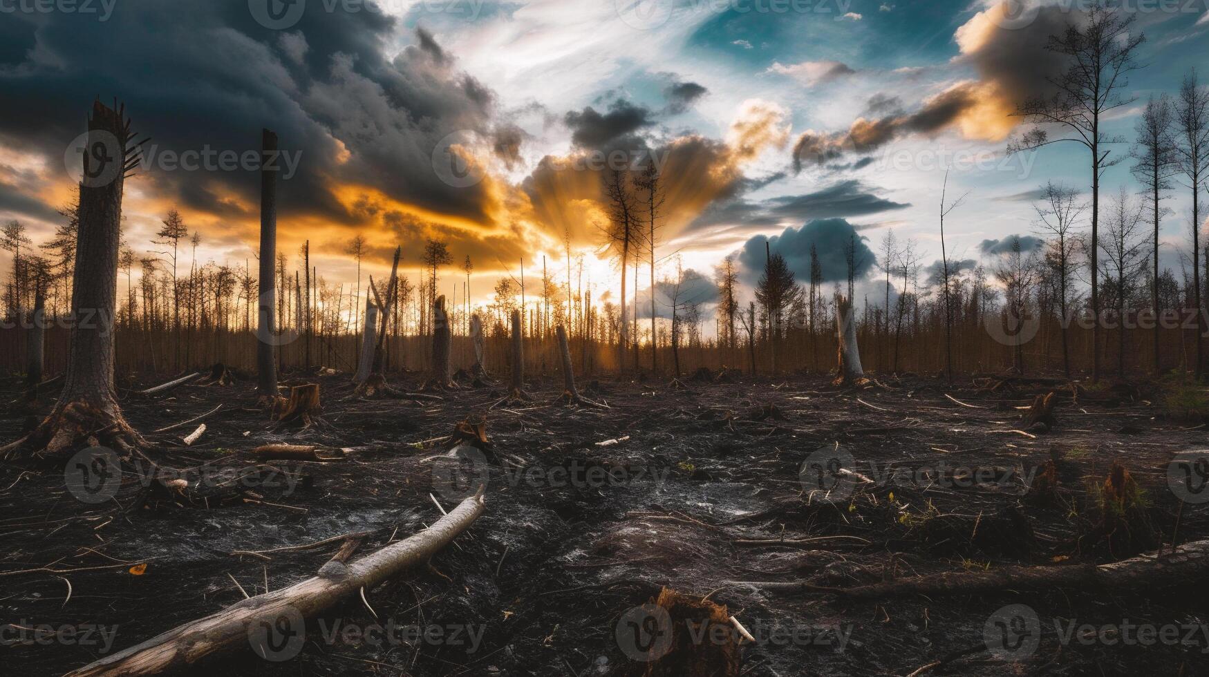 AI generated Burned forest after a forest fire at sunset, panoramic view photo