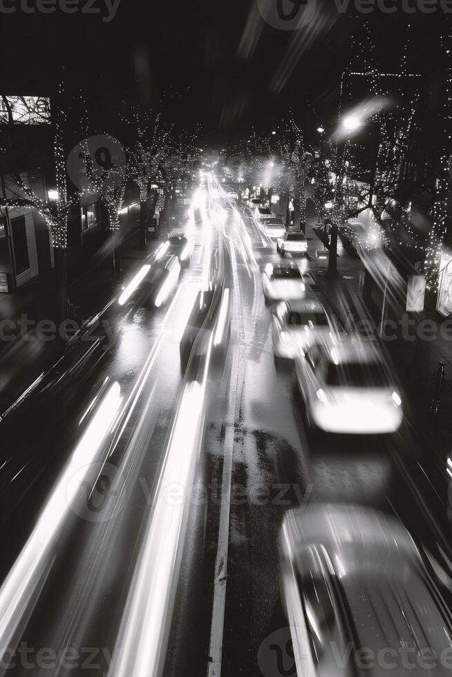 ai generado ocupado ciudad calle a noche, movimiento difuminar, urbano escena foto