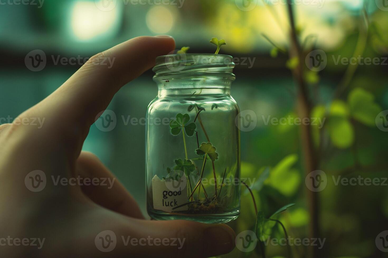 AI generated Hand holding a glass jar with green sprouts growing out of it and text good luck photo