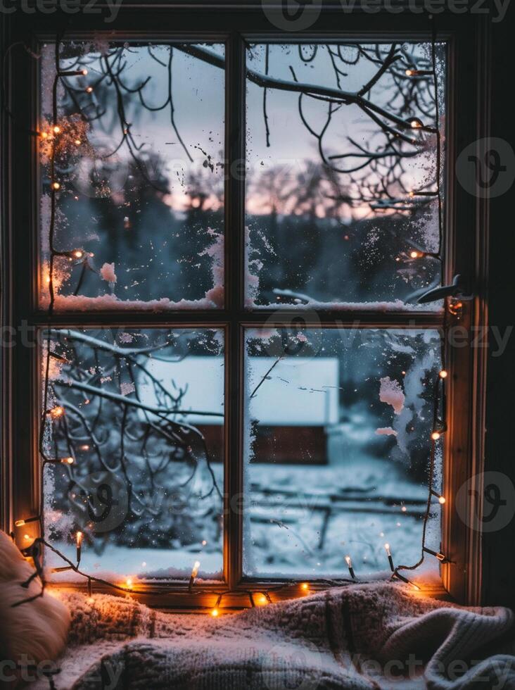 AI generated Winter view from the window. A garland lights on the windowsill. photo