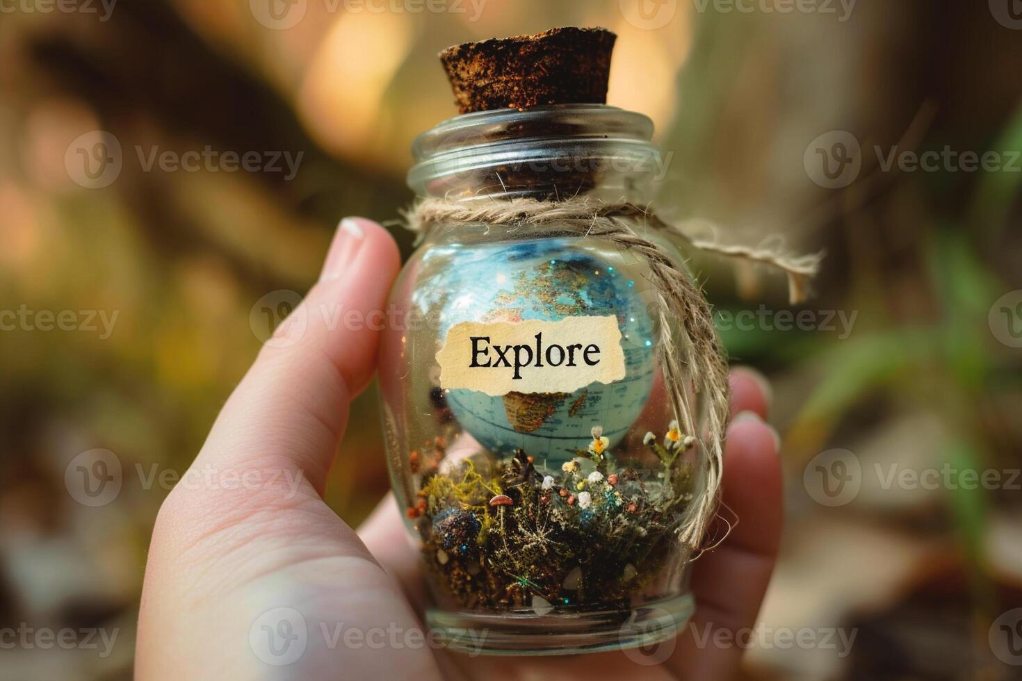 AI generated Hand holding a glass jar with a plant inside with the word Explore photo