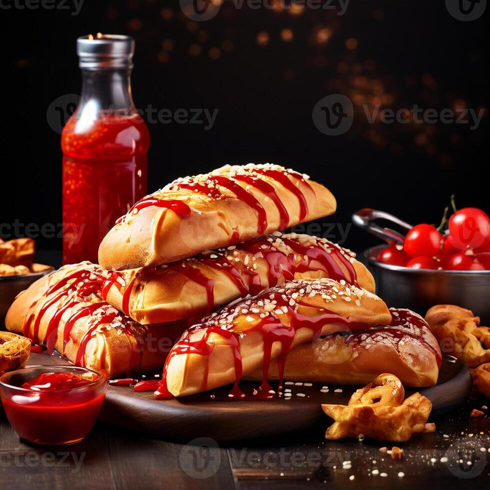 AI generated bakery food with ketchup beautiful background photo