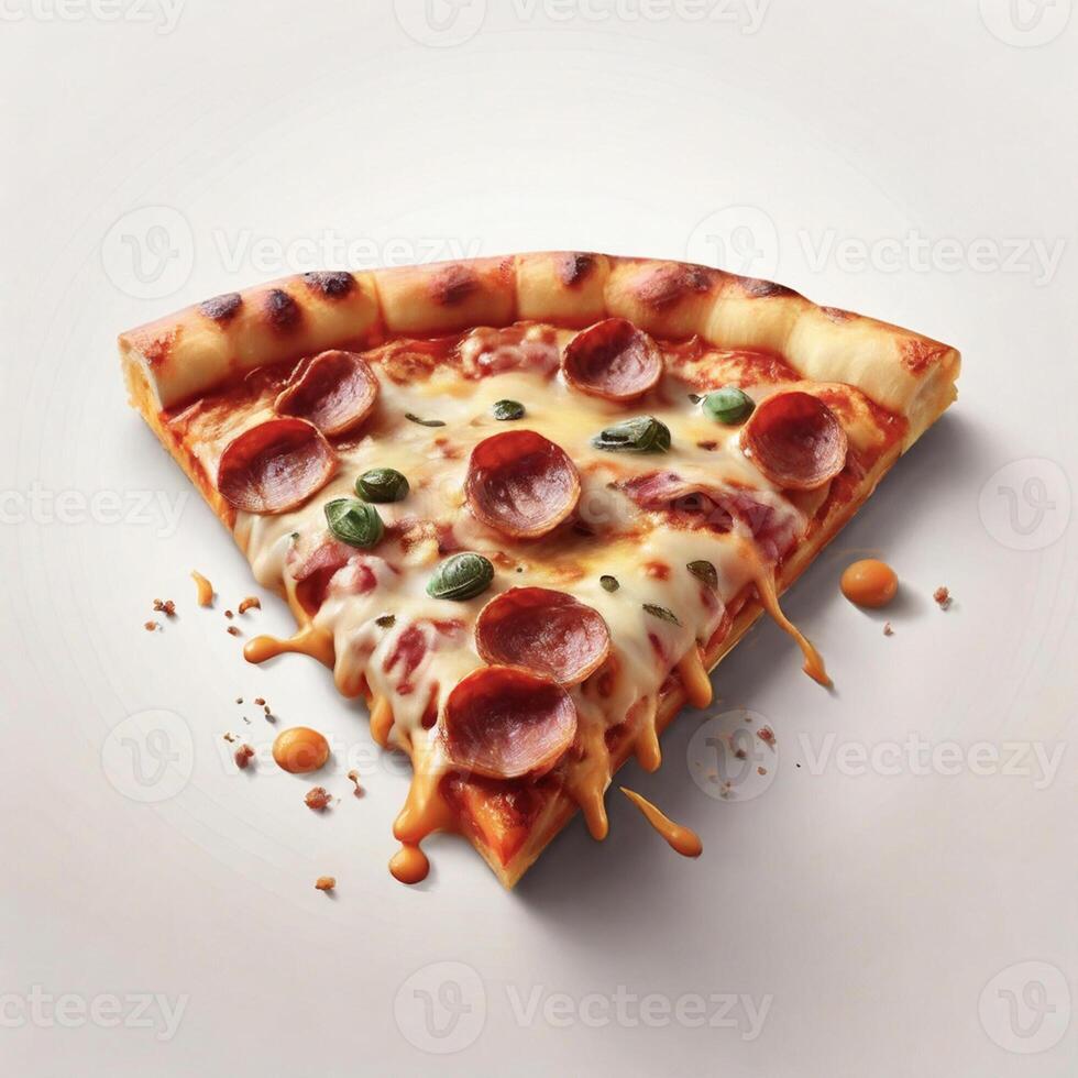 AI generated a slice of crispy pizza realistic with meat and cheese white background photo