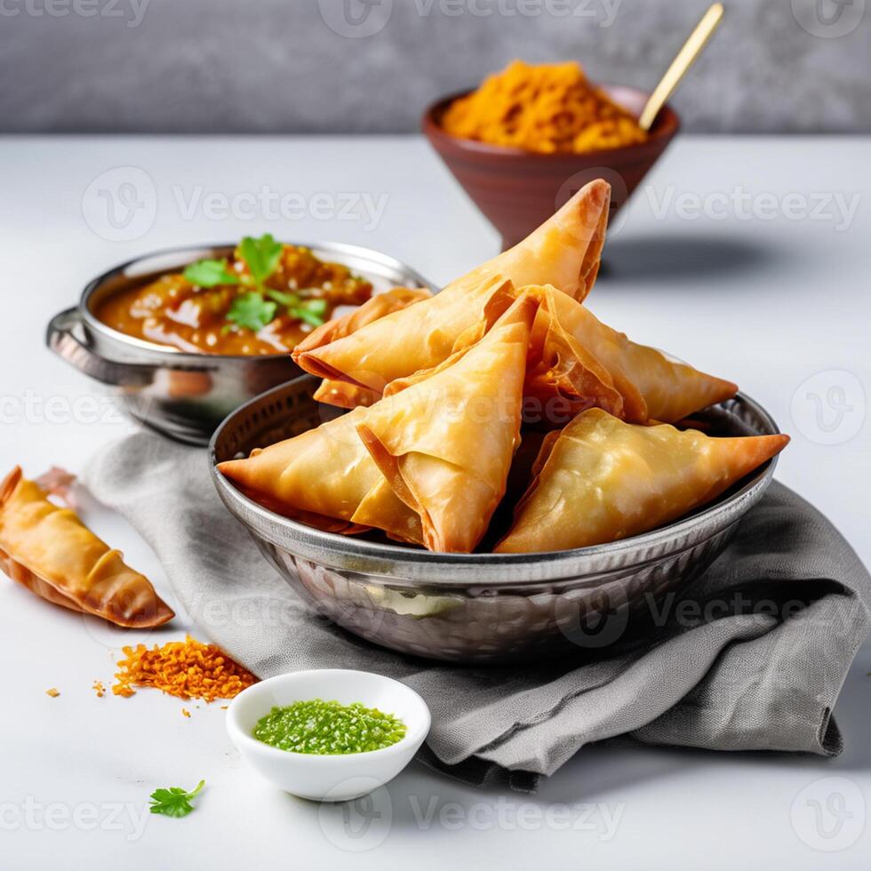 AI generated Delicious Indian Samosas with Chutney in a Bowl on White Background photo