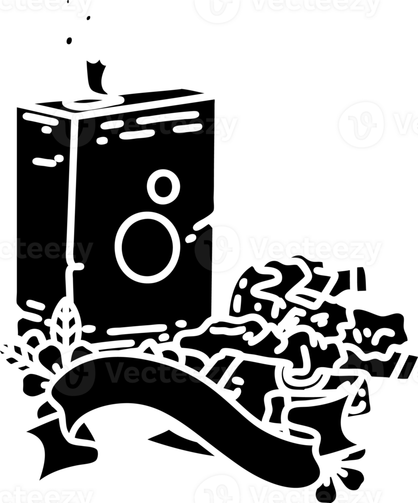 scroll banner with black line work tattoo style detergent and pile of clothes solid black icon png