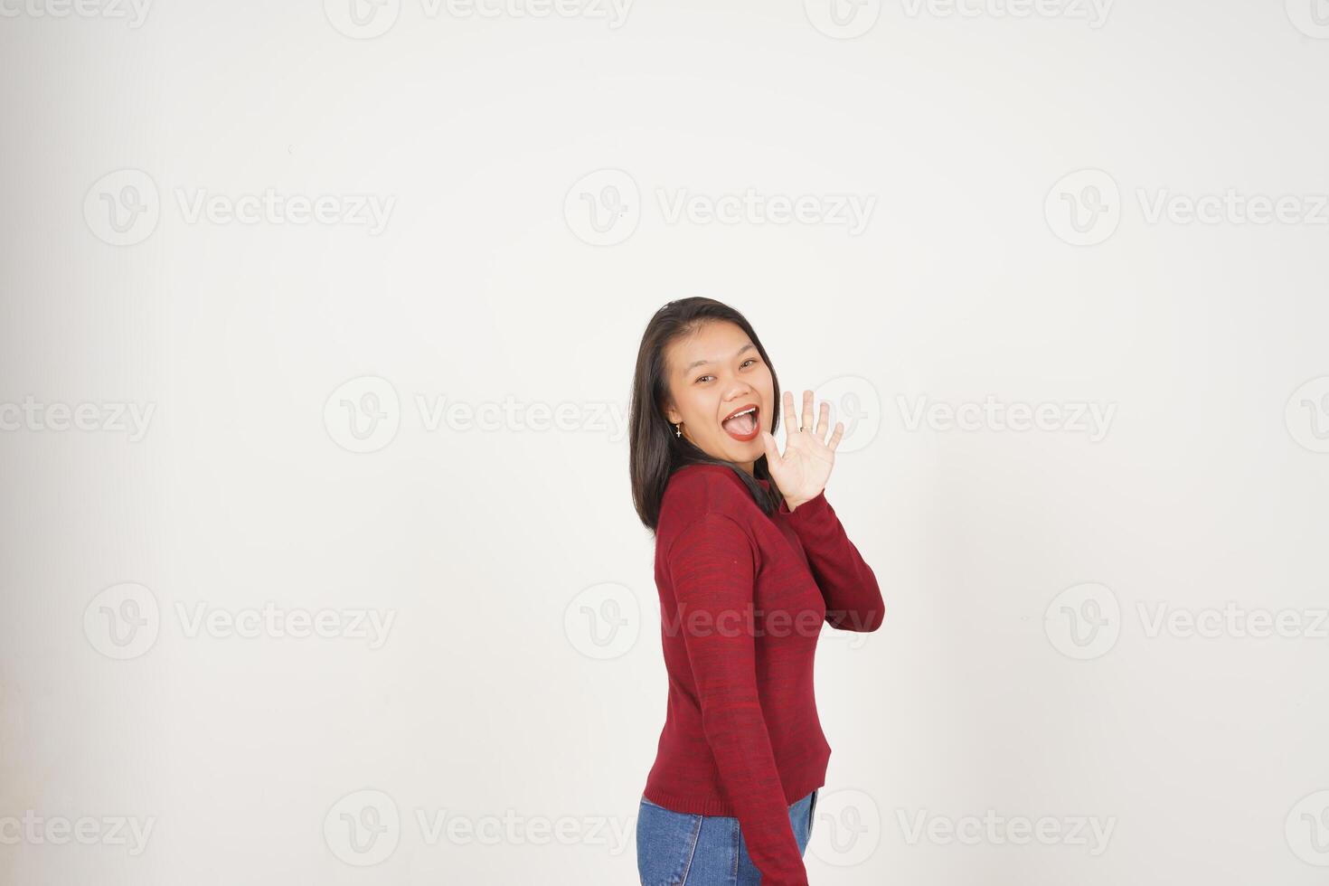 Young Asian woman in Red t-shirt Hi Greeting Gesture isolated on white background photo