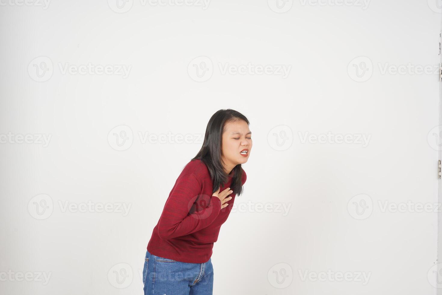 Young Asian woman in Red t-shirt Suffering Chest Pain, Heart Attack isolated on white background photo