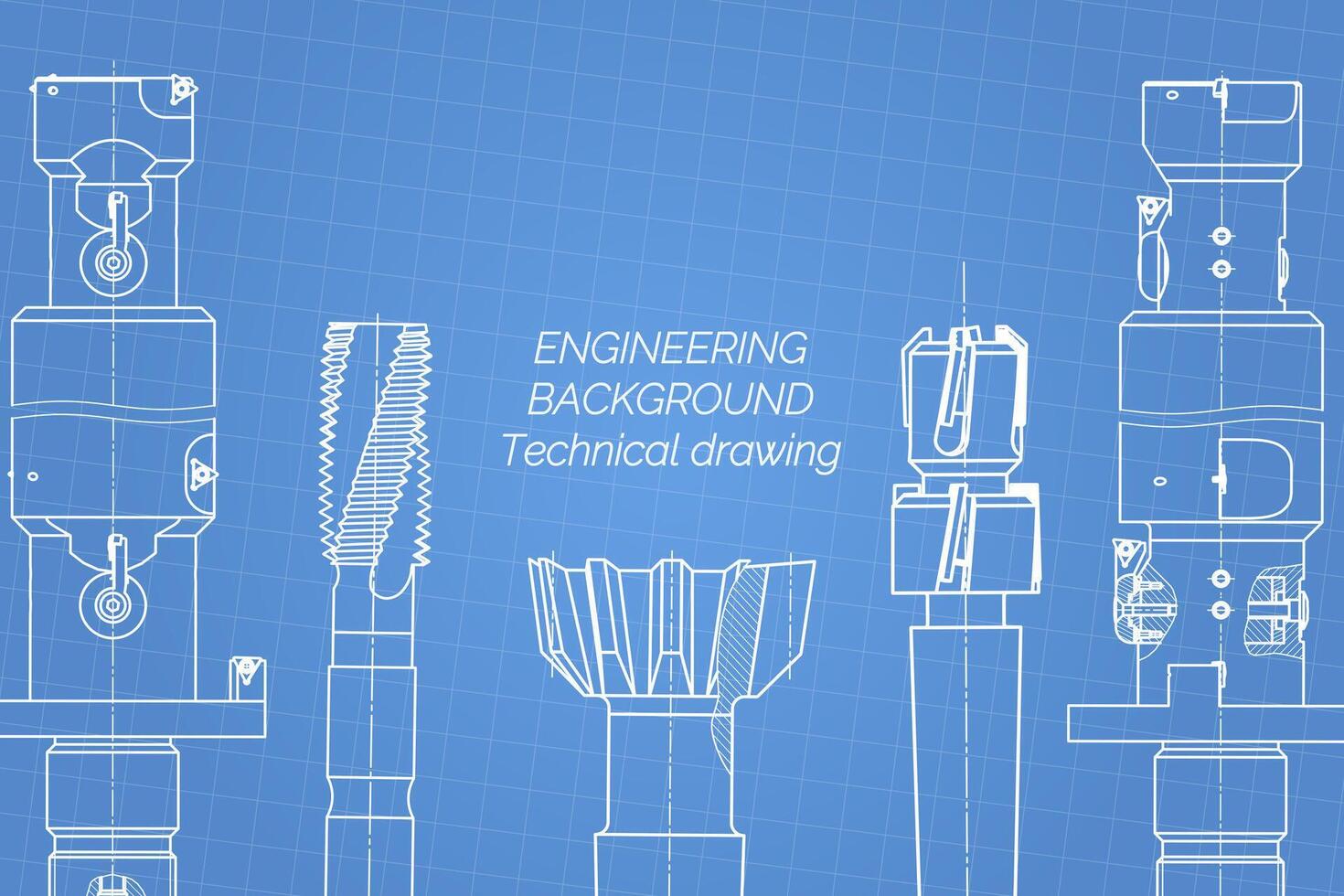Mechanical engineering drawings on blue background. Tap tools, borer. Technical Design. Cover. Blueprint. Vector illustration.