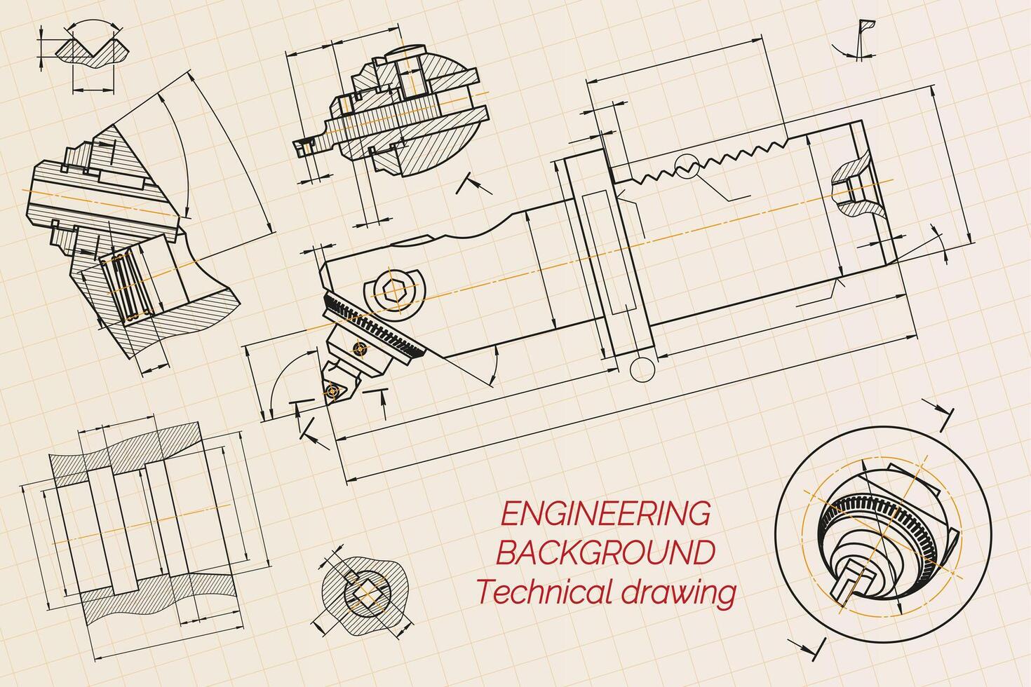 Mechanical engineering drawings. Broach. Technical Design. Cover. Blueprint. Vector illustration