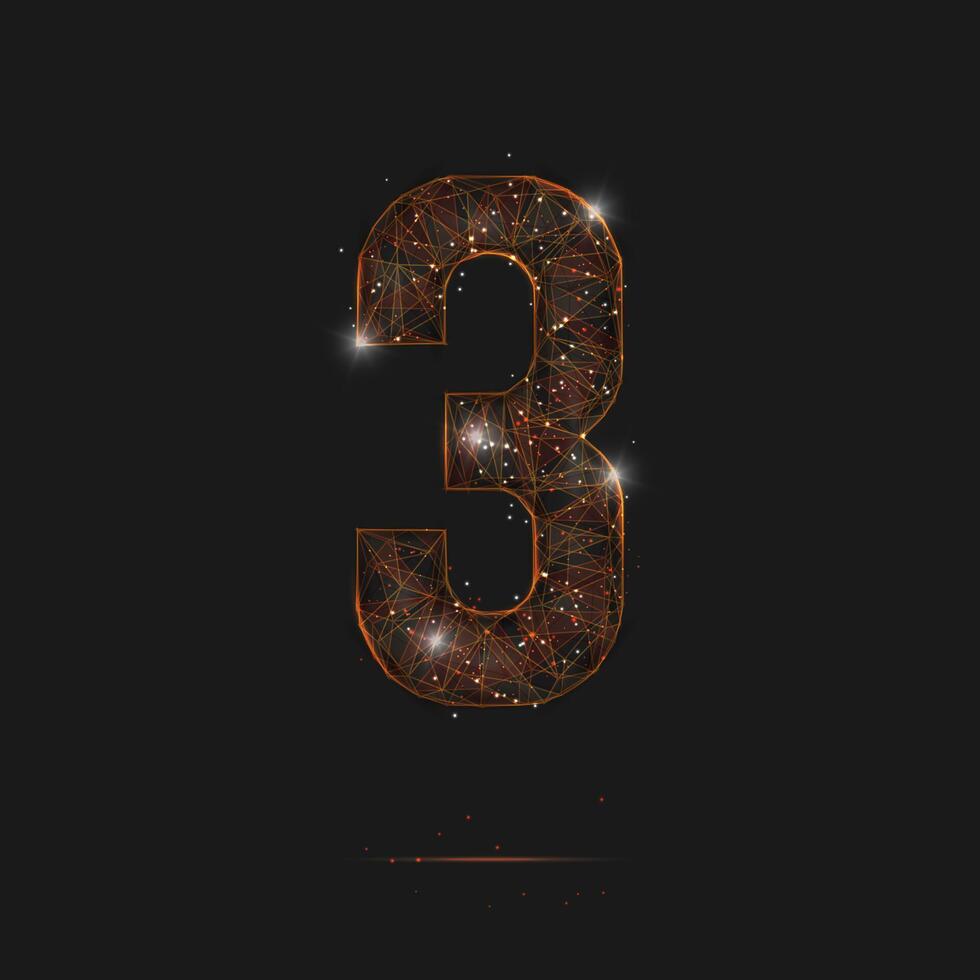 Abstract isolated orange image of a number three. Polygonal illustration looks like stars in the blask night sky in spase or flying glass shards. Digital design for website, web, internet. vector