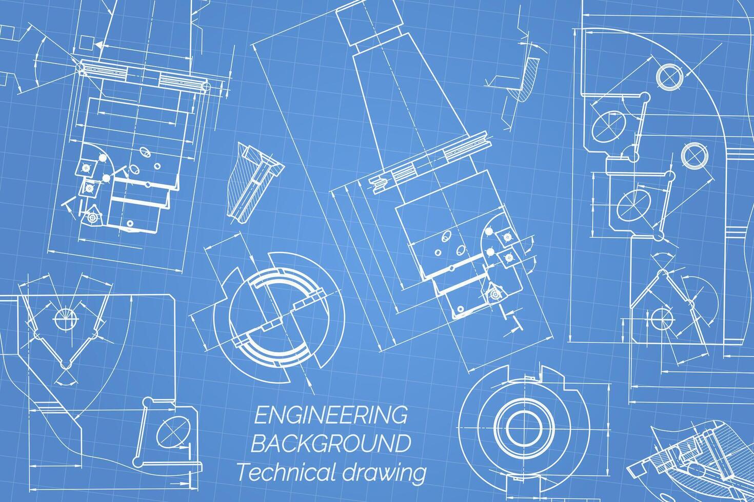 Mechanical engineering drawings on blue background. Tap tools, borer. Technical Design. Cover. Blueprint. Vector illustration.