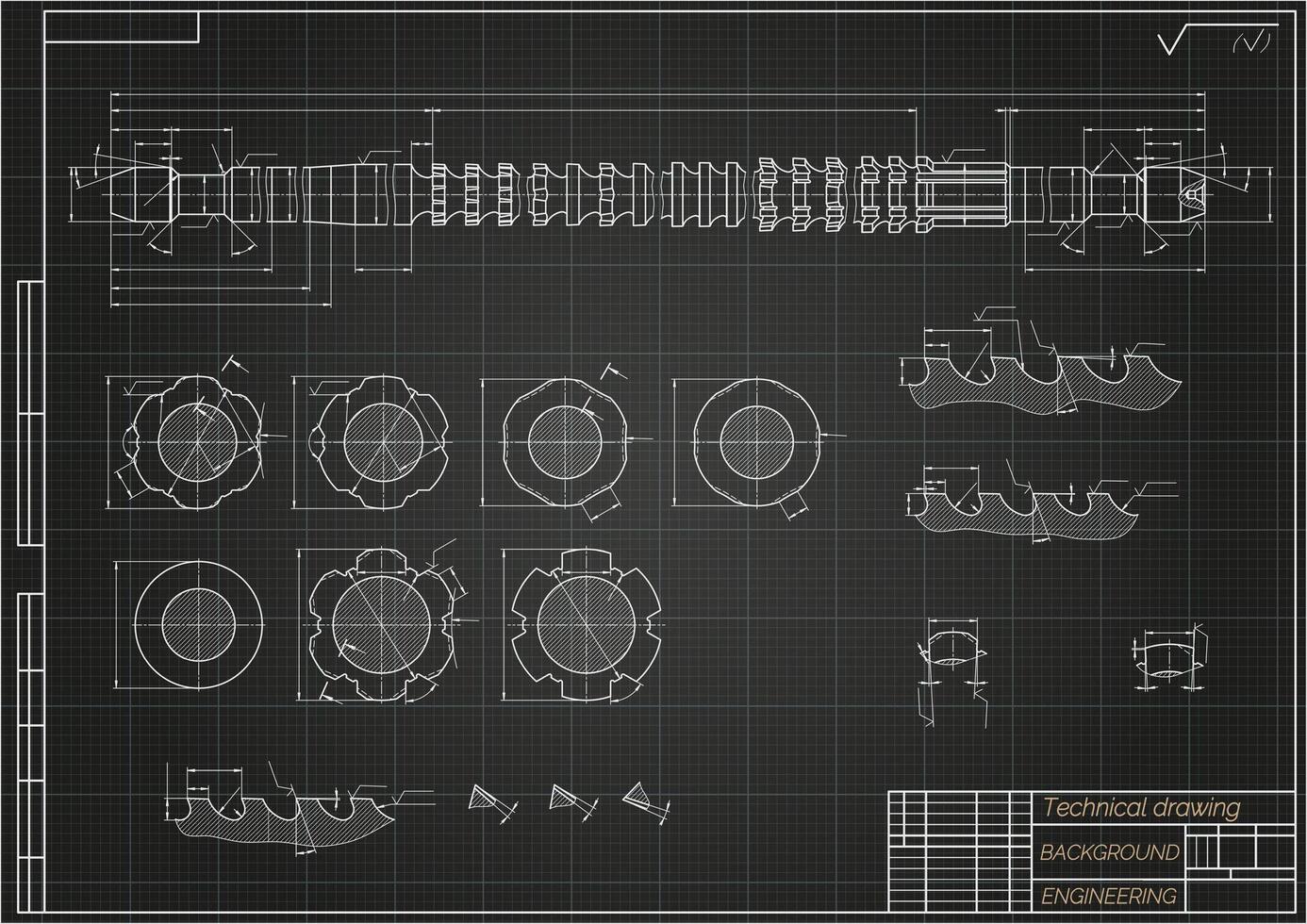 Mechanical engineering drawings on black background. Broach. Technical Design. Cover. Blueprint. Vector illustration.