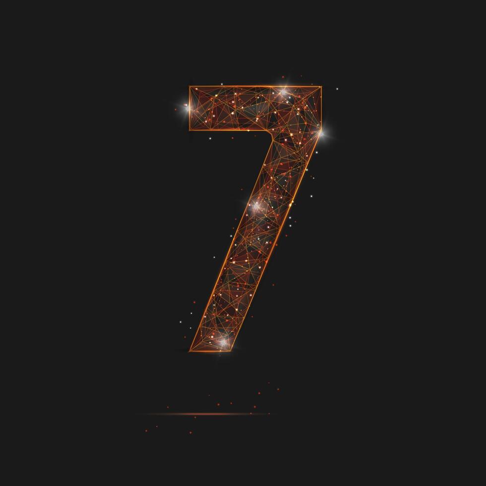 Abstract isolated orange image of a number seven. Polygonal illustration looks like stars in the blask night sky in spase or flying glass shards. Digital design for website, web, internet. vector