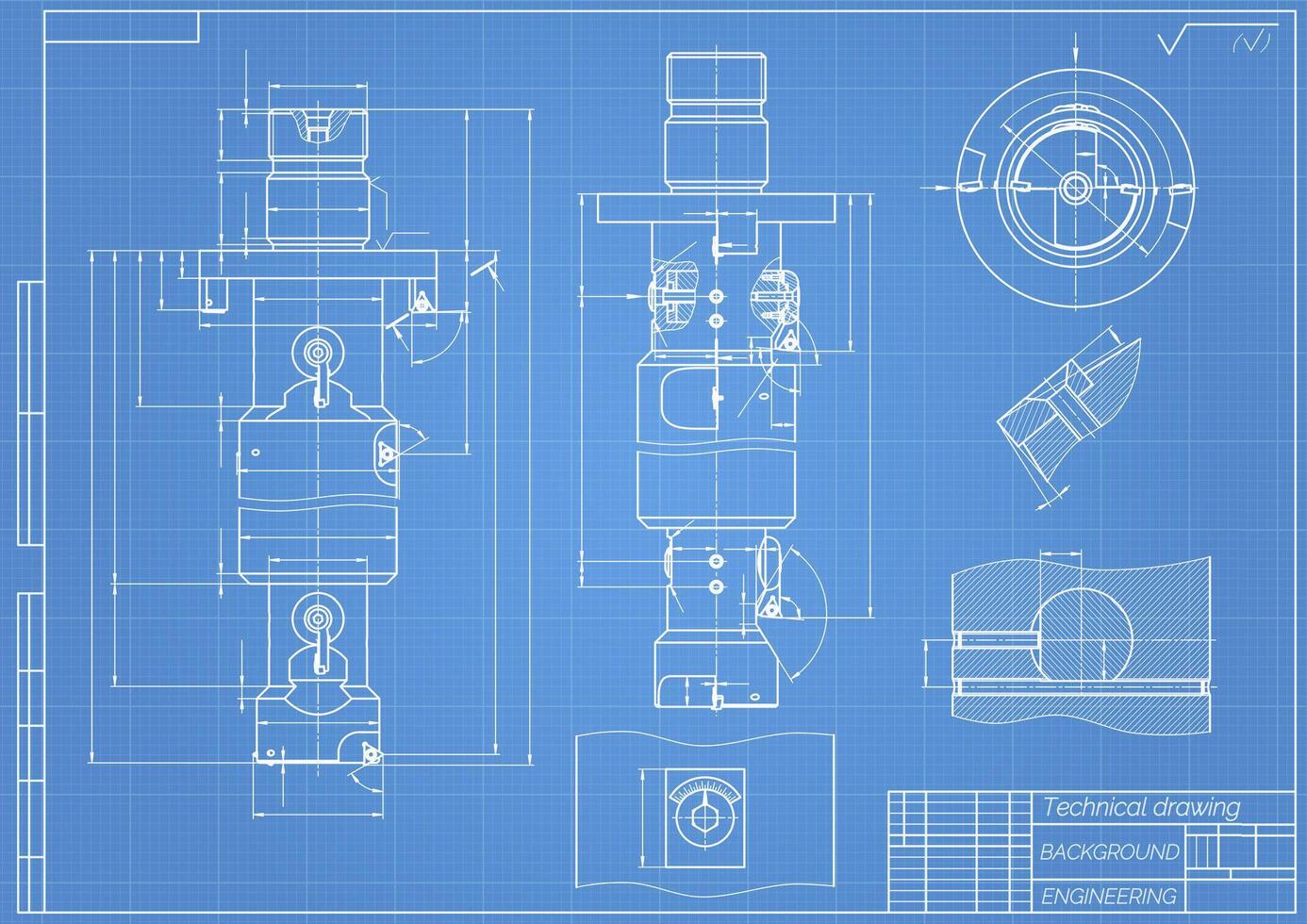 Mechanical engineering drawings on blue background. Tap tools, borer. Technical Design. Cover. Blueprint. Vector illustration.