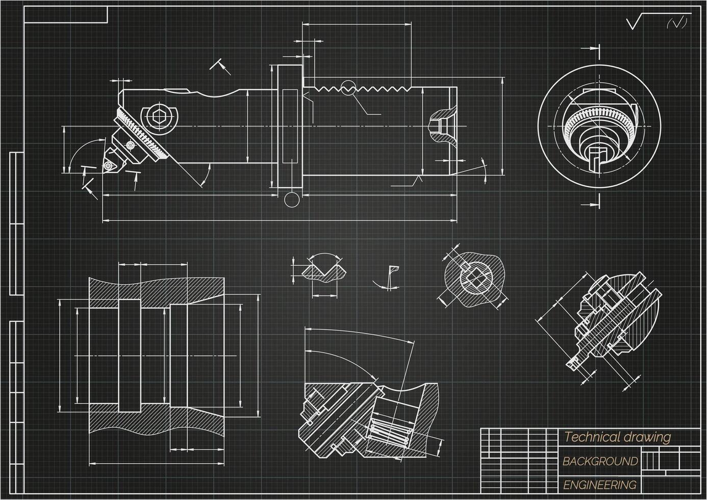 Mechanical engineering drawings on black background. Broach. Technical Design. Cover. Blueprint. Vector illustration.