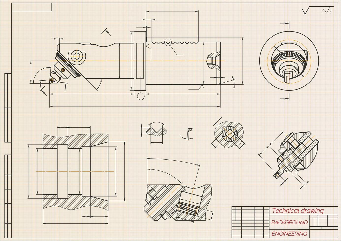 Mechanical engineering drawings. Broach. Technical Design. Cover. Blueprint. Vector illustration