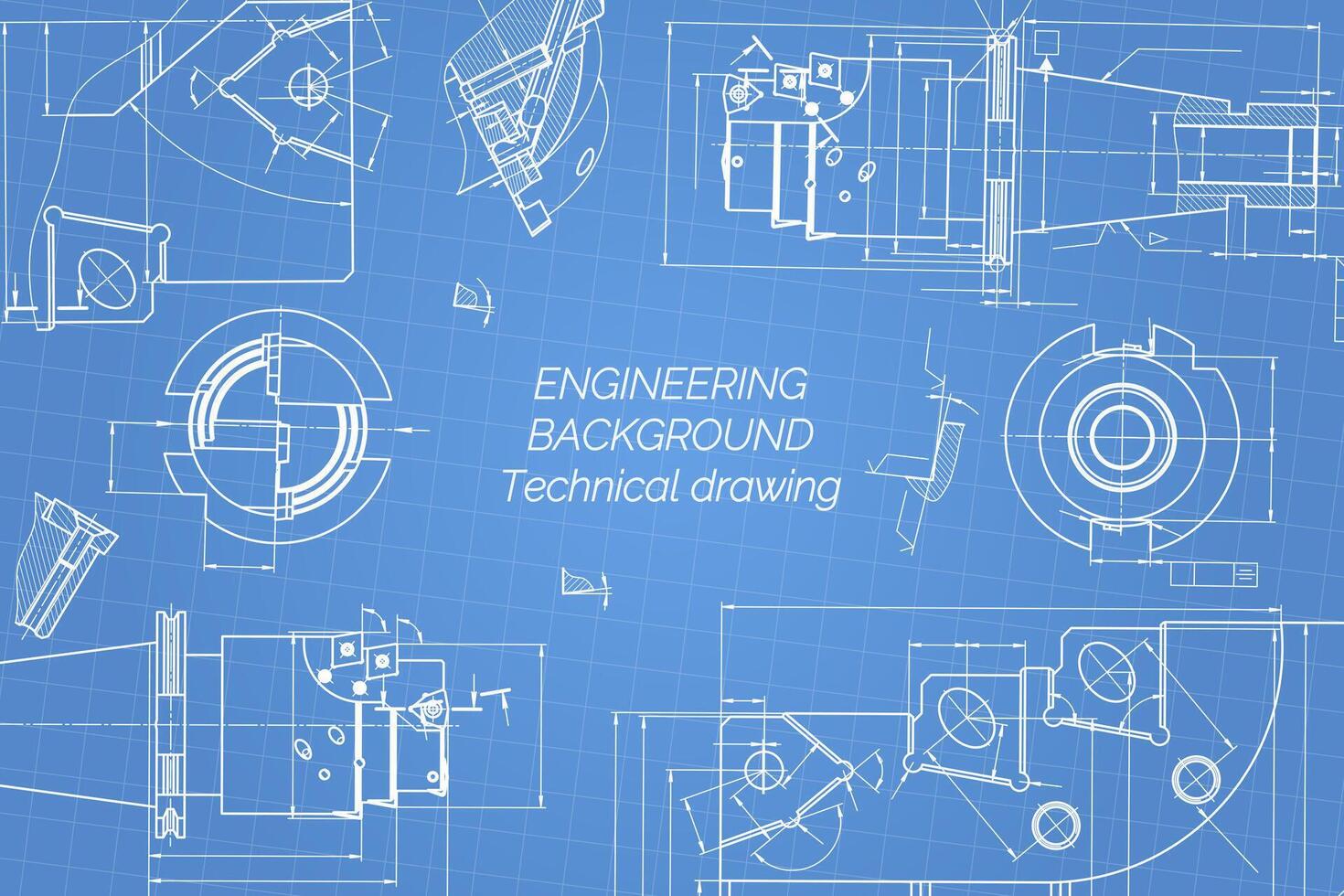 Mechanical engineering drawings on blue background. Tap tools, borer. Technical Design. Cover. Blueprint. Vector illustration.