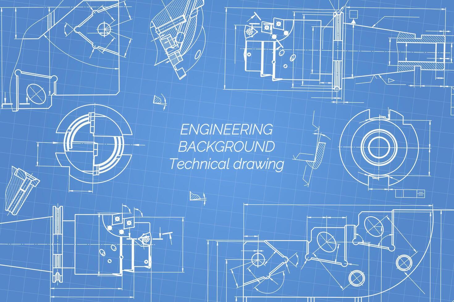 mecánico Ingenieria dibujos en azul antecedentes. grifo herramientas, taladrador. técnico diseño. cubrir. Plano. vector ilustración.