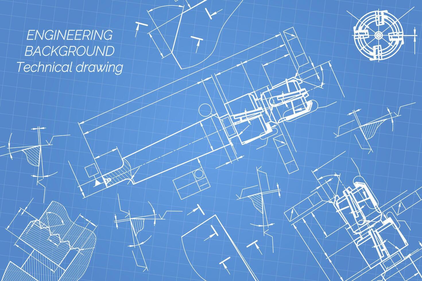 mecánico Ingenieria dibujos en azul antecedentes. grifo herramientas, taladrador. técnico diseño. cubrir. Plano. vector ilustración.