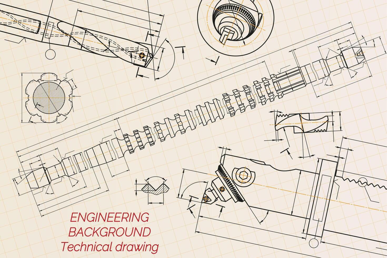 Mechanical engineering drawings. Broach. Technical Design. Cover. Blueprint. Vector illustration
