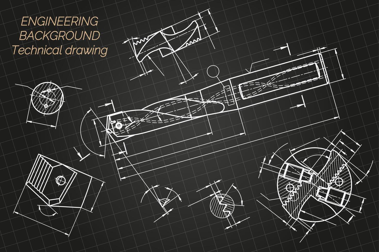 Mechanical engineering drawings on black background. Broach. Technical Design. Cover. Blueprint. Vector illustration.
