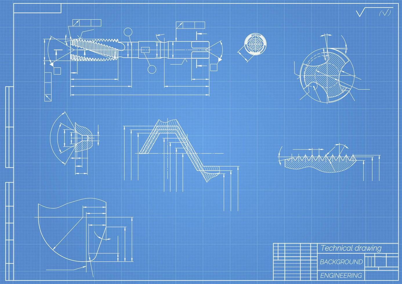 Mechanical engineering drawings on blue background. Tap tools, borer. Technical Design. Cover. Blueprint. Vector illustration.