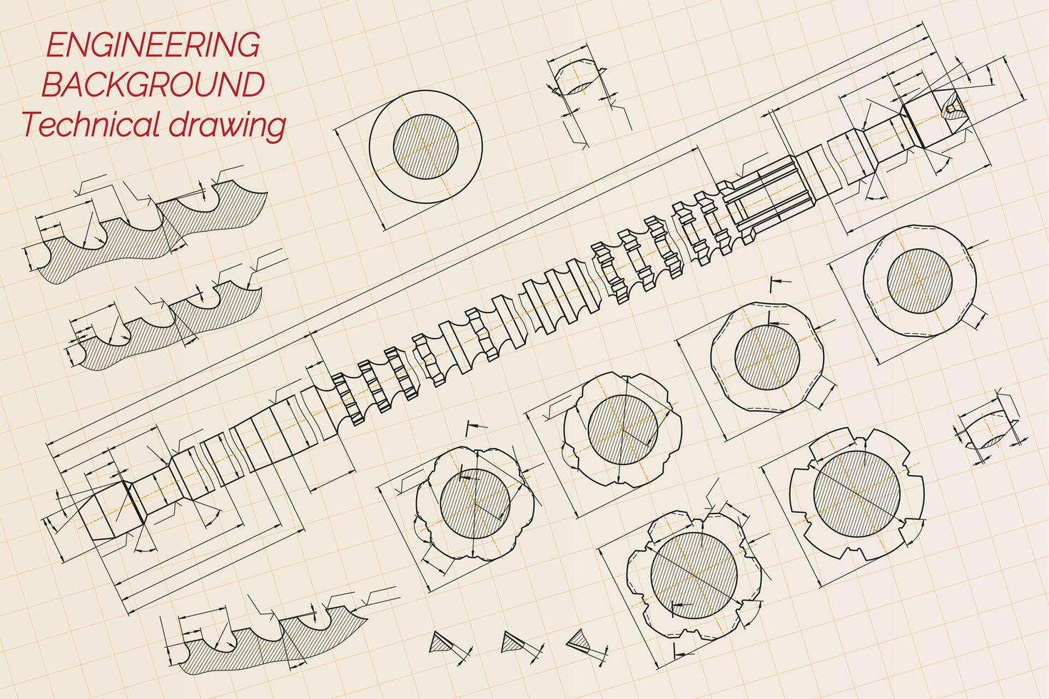 Mechanical engineering drawings. Broach. Technical Design. Cover. Blueprint. Vector illustration