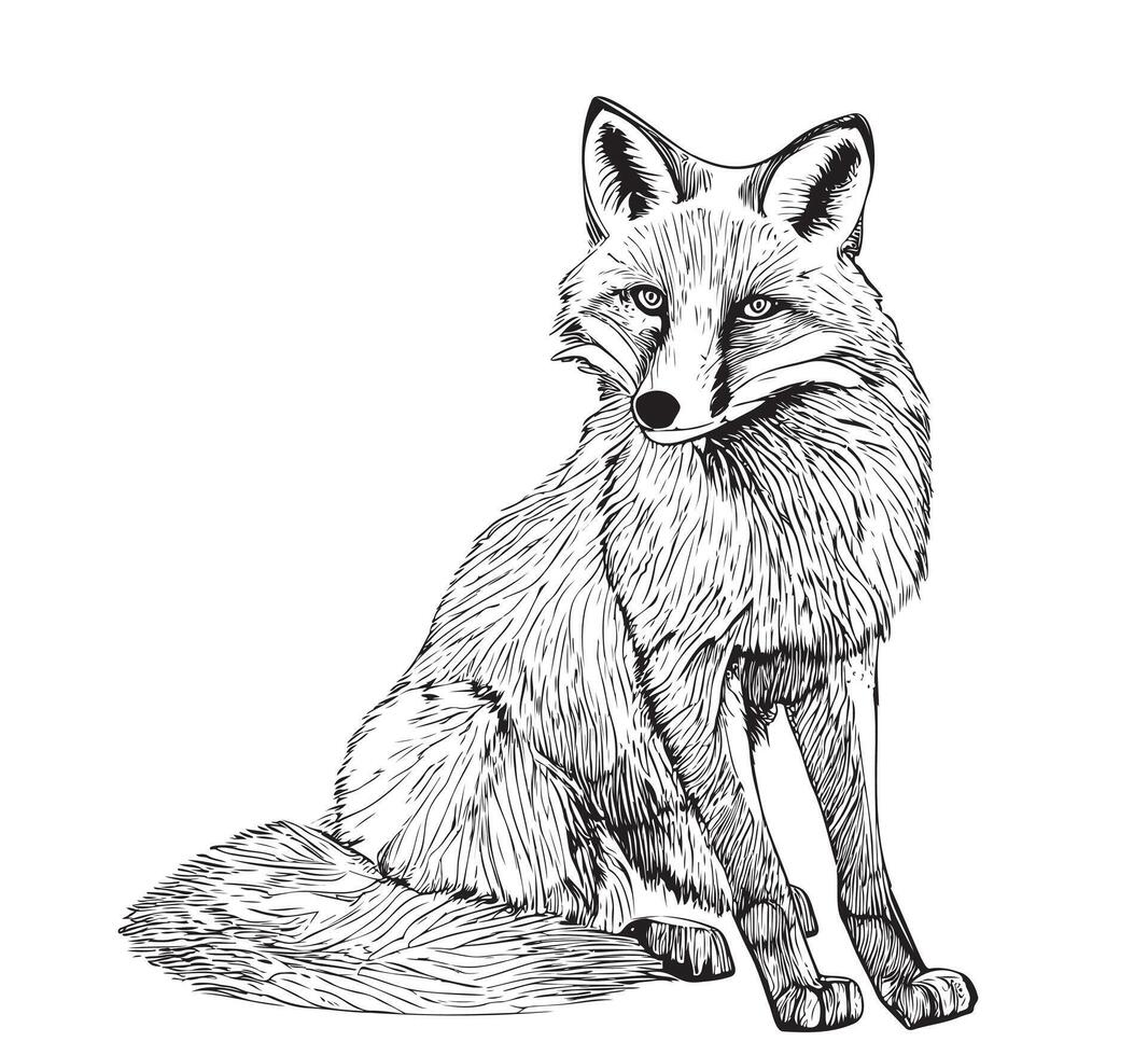Fox sitting hand drawn sketch Vector illustration Wild animals