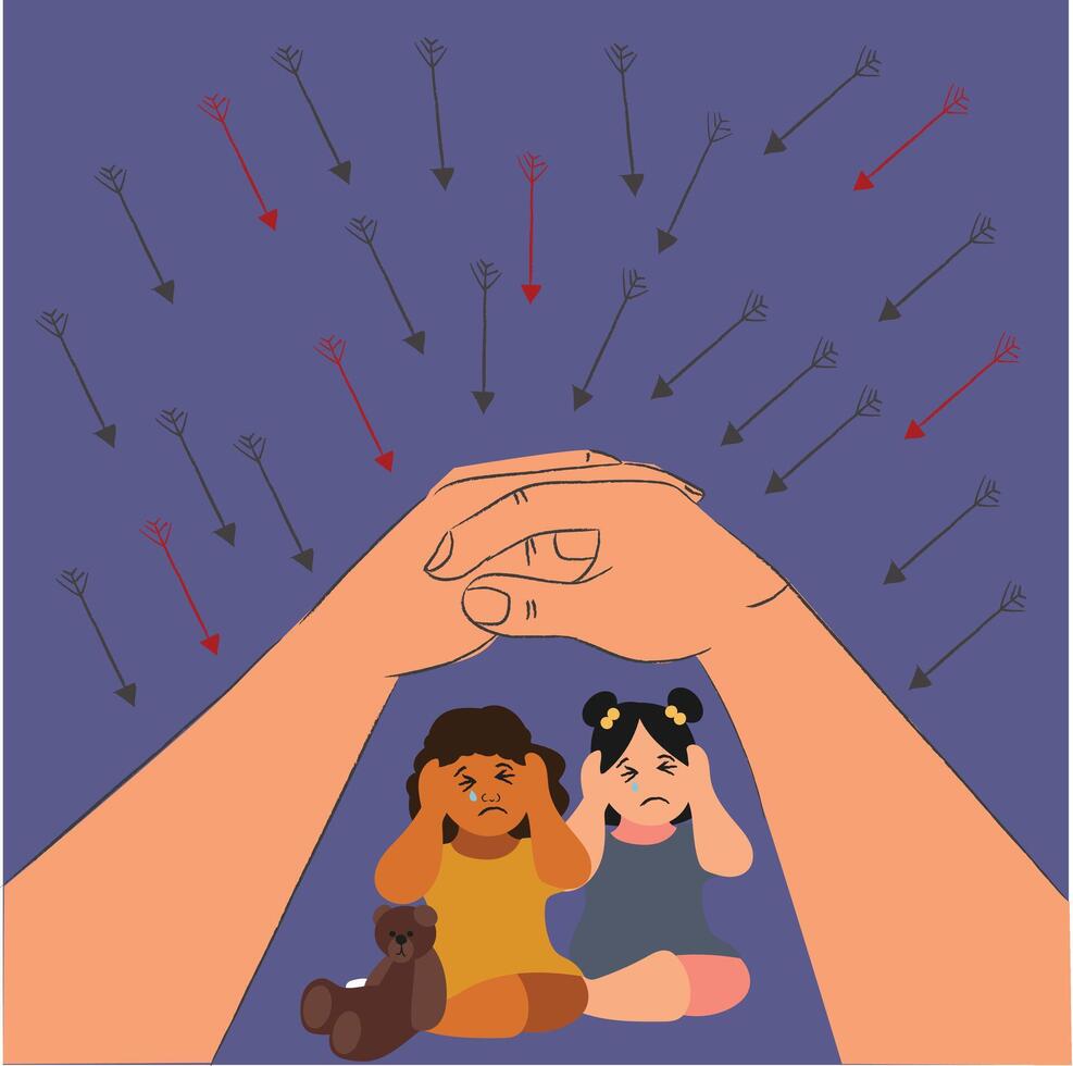 Hands saving and protecting a two Little girls covering her ears so as not to hear her parents quarrel. A child is sitting on the floor and crying. Children's traumatic experience. vector