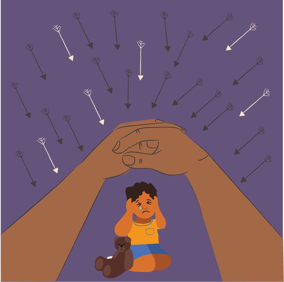 Hands saving and protecting little boy covering his ears so as not to hear her parents quarrel. A child is sitting on the floor and crying. Children's traumatic experience. vector