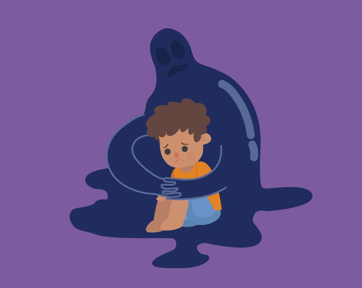 The little boy tripped in depression, the kid sitting in the flour sad, Insecurity, and bullying children. Sad boy. Flat design. Bullying and harassment of children. Abstract flat illustration. Vector