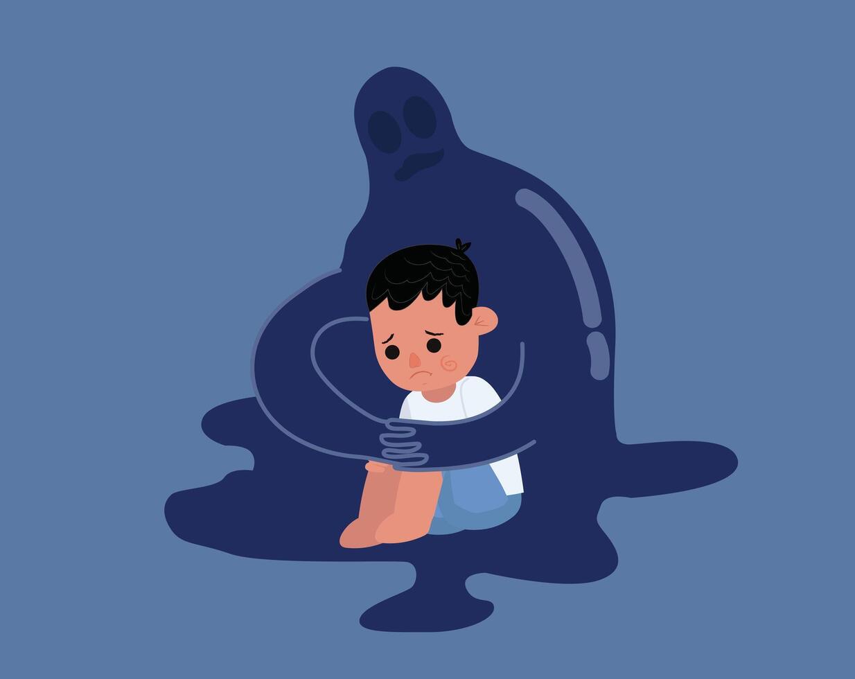The little boy tripped in depression, the kid sitting in the flour sad, Insecurity, and bullying children. Sad boy. Flat design. Bullying and harassment of children. Abstract flat illustration. Vector