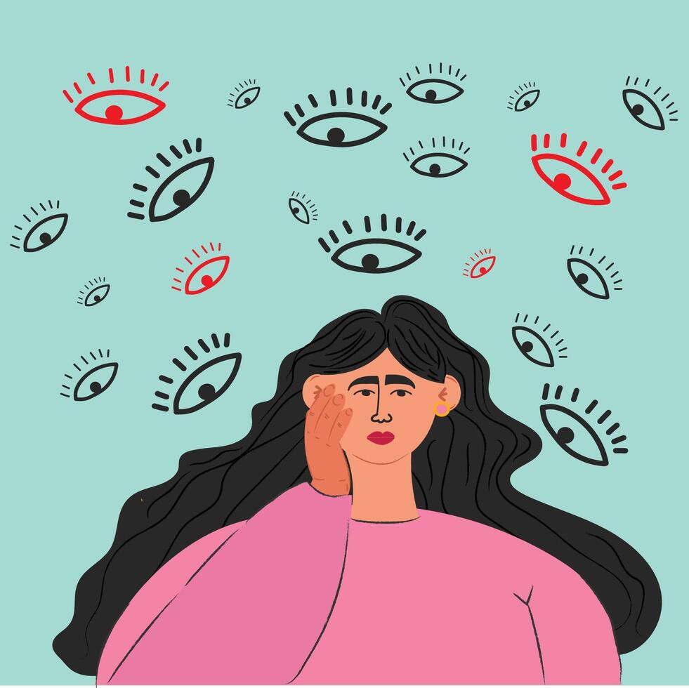 Anxiety depressed and sad woman, afraid of people's looks and judgment. vector, illustration. vector