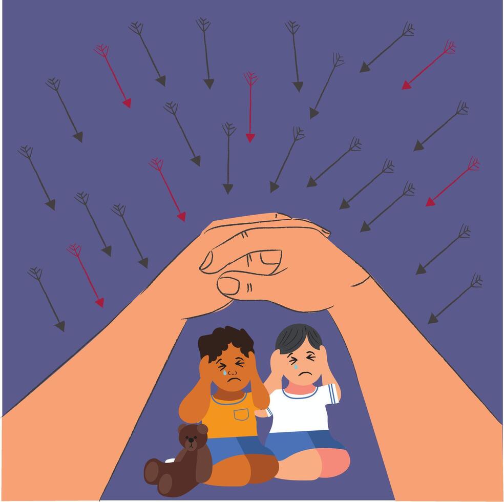 Hands saving and protecting two  siblings boys covering their ears so as not to hear her parents quarrel. A child is sitting on the floor and crying. Children's traumatic experience vector