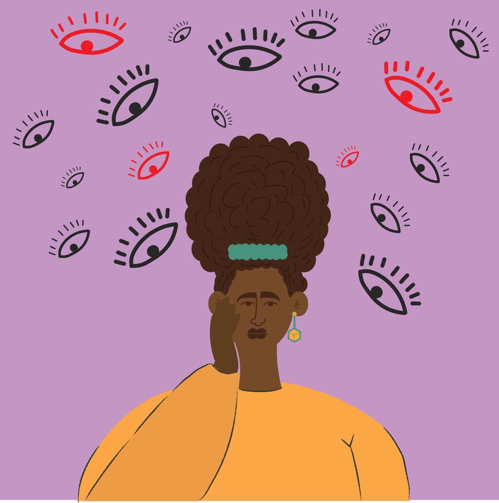 anxiety depressed sad African woman, afraid of people's looks and judgment. vector