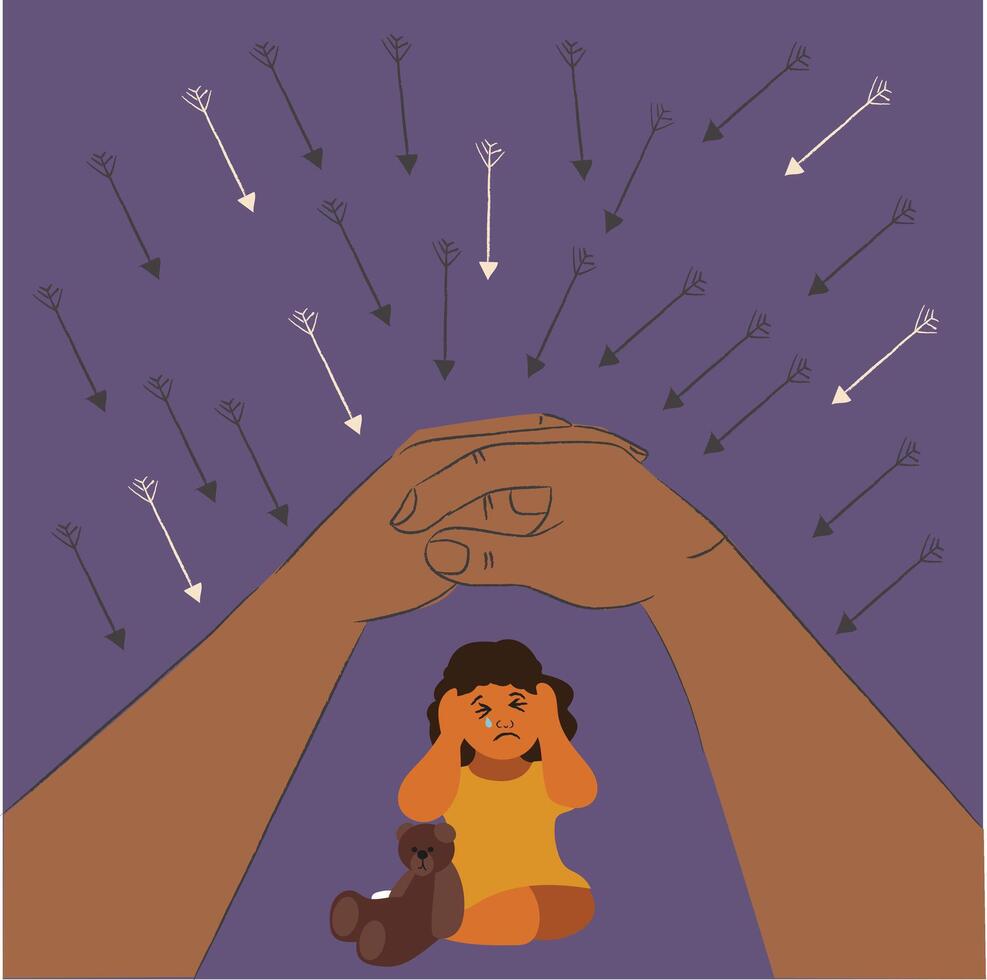 Hands saving and protecting little girl covering her ears so as not to hear her parents quarrel. A child is sitting on the floor and crying. Children's traumatic experience. vector