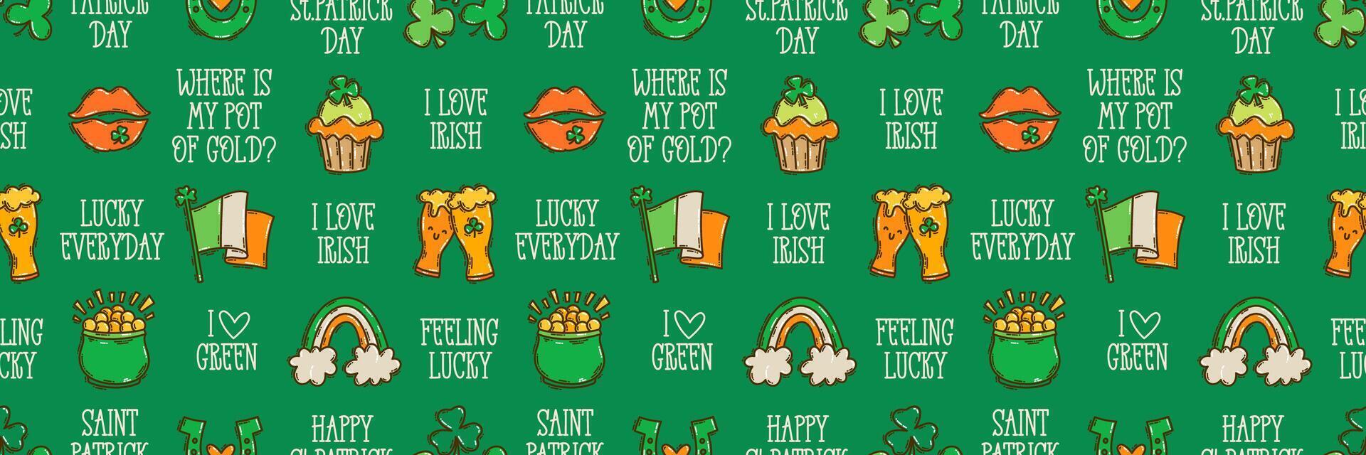 St Patricks Day seamless pattern background cute hand-drawn Irish holiday icons, symbols, and elements. vector