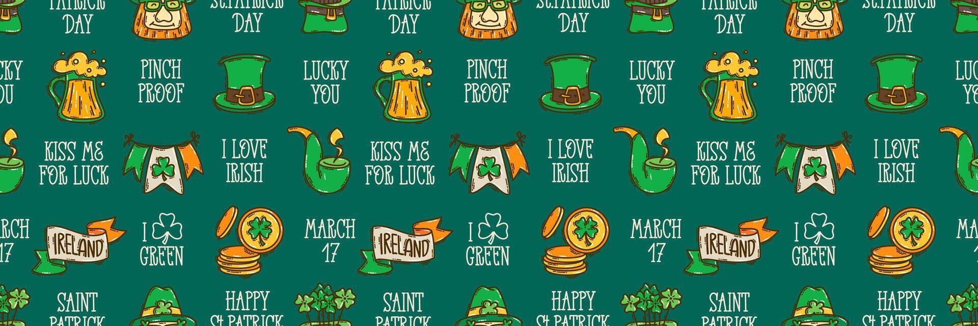 St Patricks Day seamless pattern background cute hand-drawn Irish holiday icons, symbols, and elements. vector