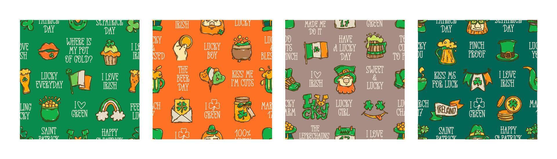 St Patricks Day seamless pattern background cute hand-drawn Irish holiday icons, symbols, and elements. vector