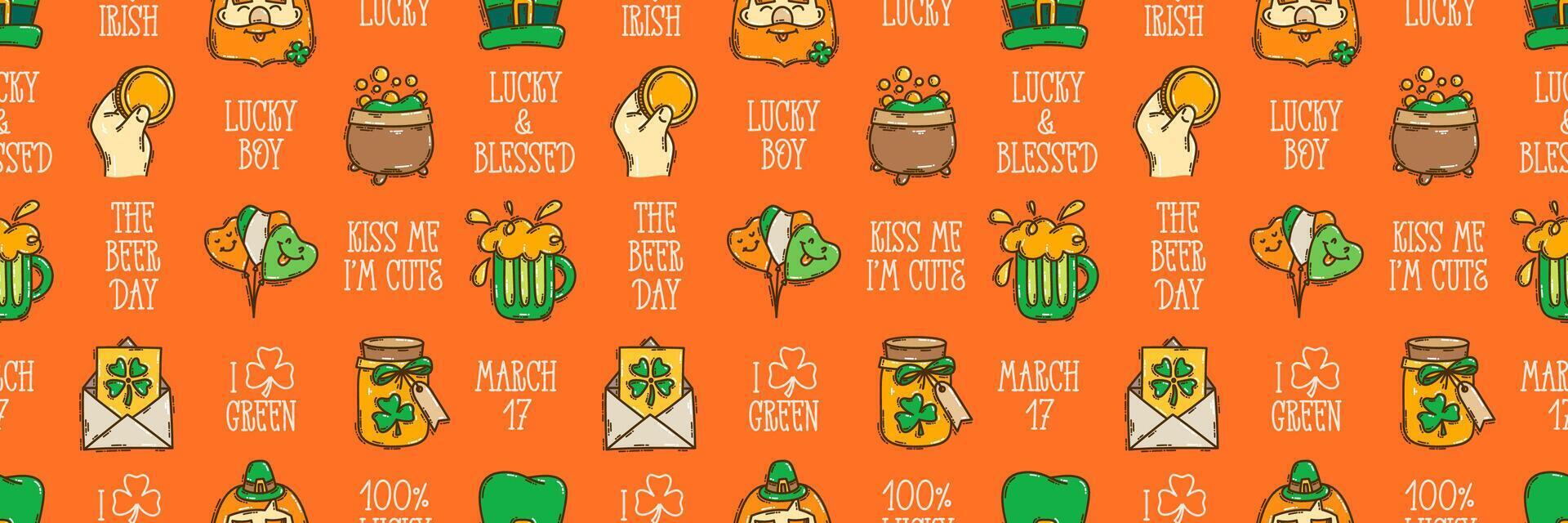 St Patricks Day seamless pattern background cute hand-drawn Irish holiday icons, symbols, and elements. vector