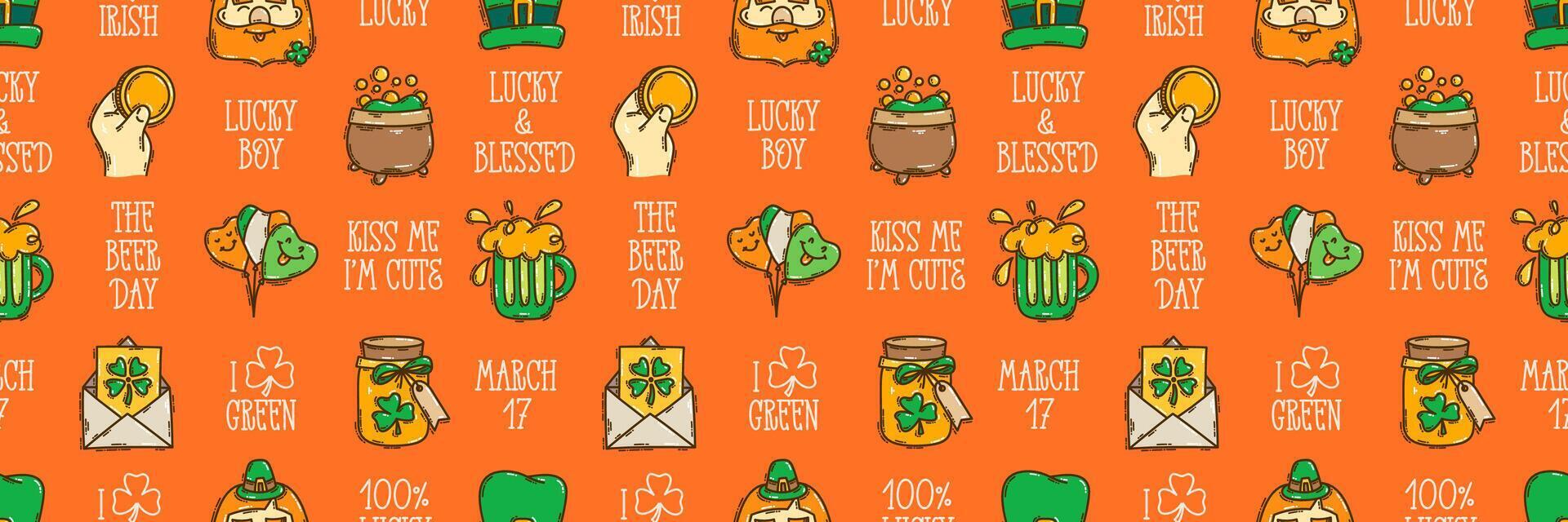 St Patricks Day seamless pattern background cute hand-drawn Irish holiday icons, symbols, and elements. vector