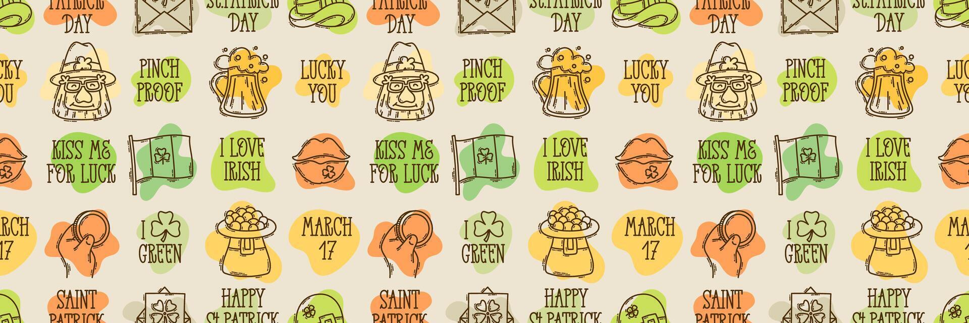 St Patricks Day funny seamless pattern light background quotes and cute hand-drawn Irish holiday icons, symbols, and elements. vector